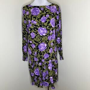Vtg Compagnie Internationale Express Dress Medium Purple Floral Shift 90s Green